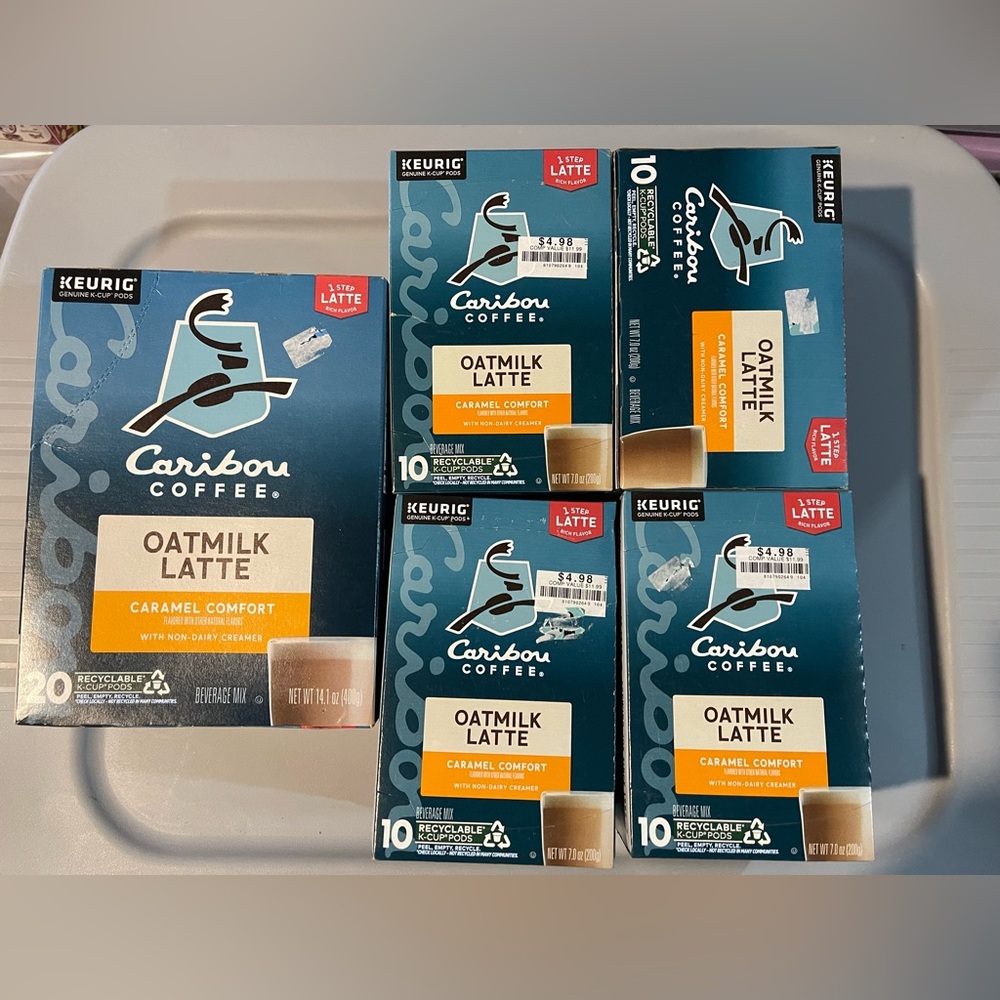 60 Caribou Coffee Oatmilk Latte K-CUPS Caramel Comfort expired new sealed Boxes
